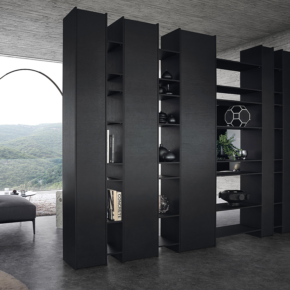 Moderne schwarze Bücherregale in stilvollem Raum
