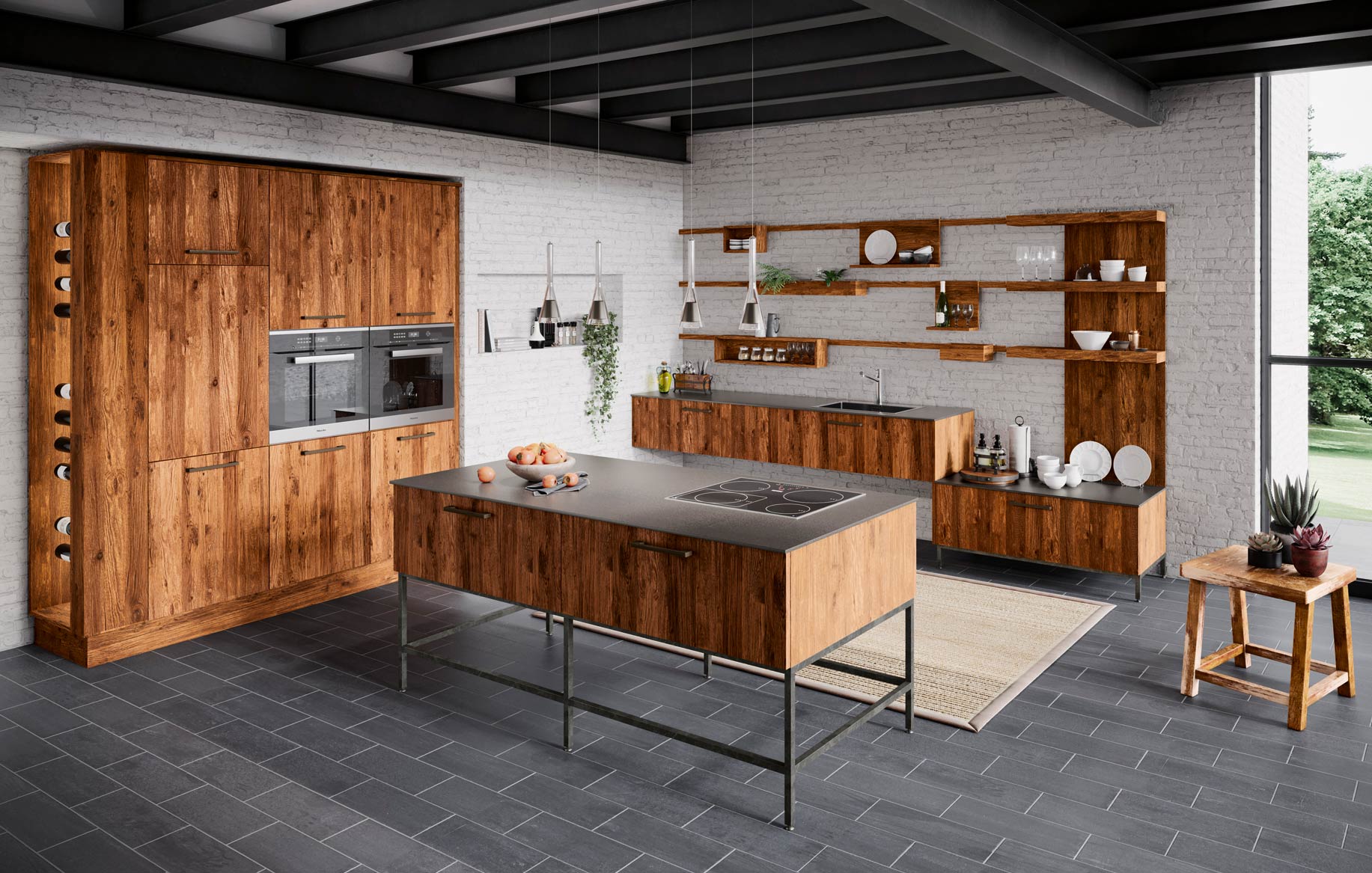 Moderne Holzküche mit Insel und Regalen