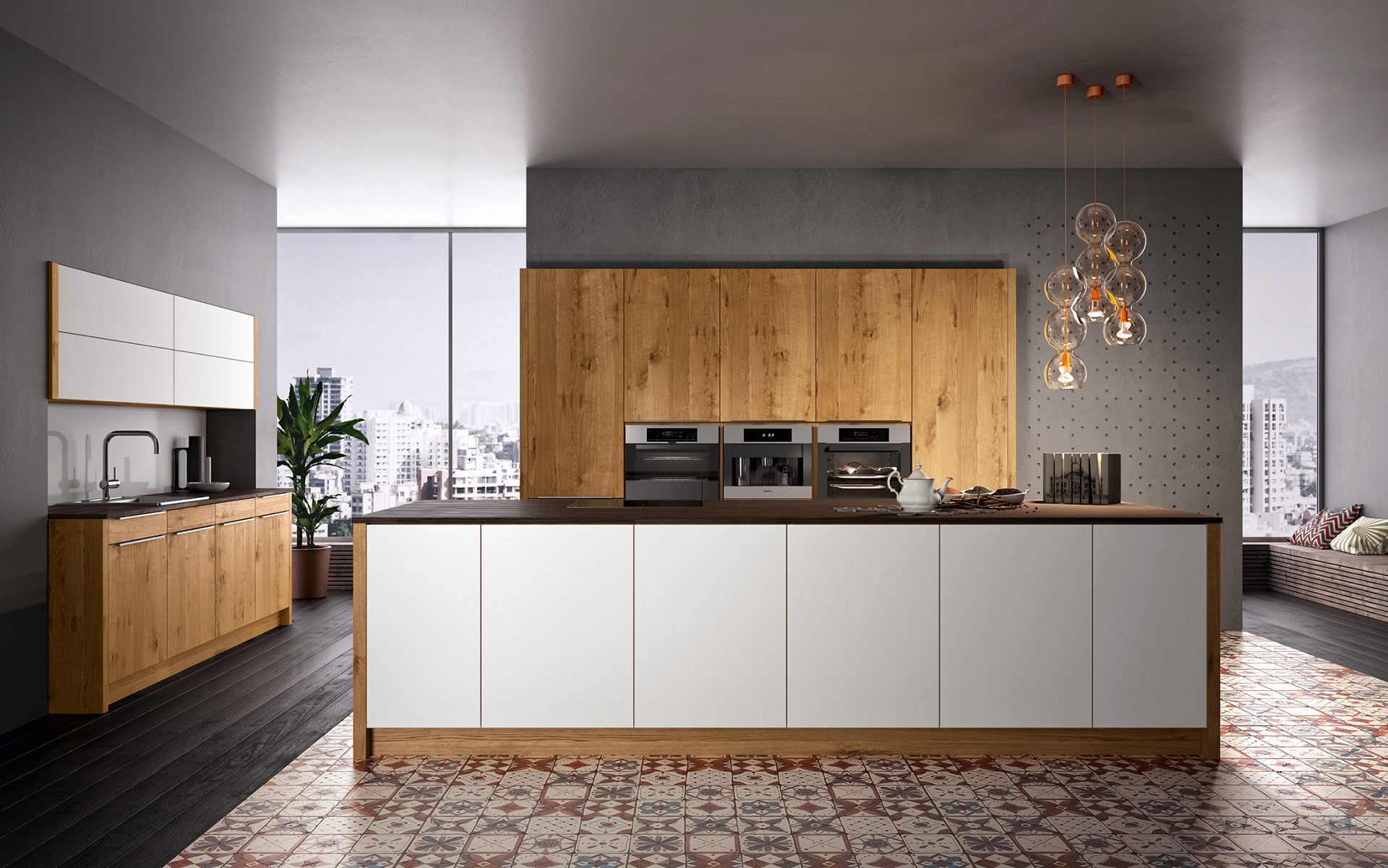 Moderne Küchenzeile mit Holzelementen und Hängelampe