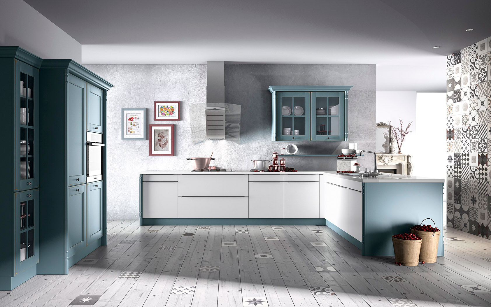 Moderne Küche mit blauen Schränken und Dekor.