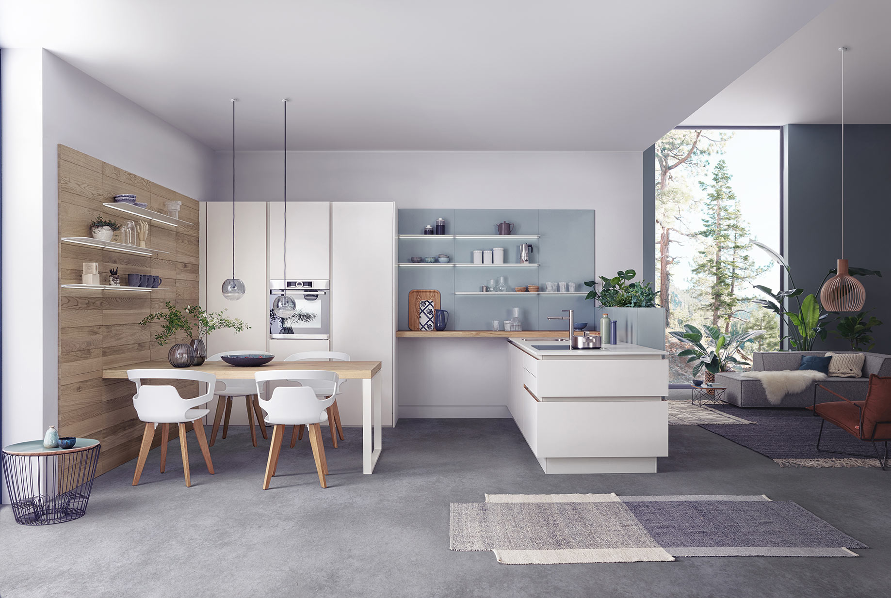 Moderne Küche mit Essbereich und Wohnzimmeransicht