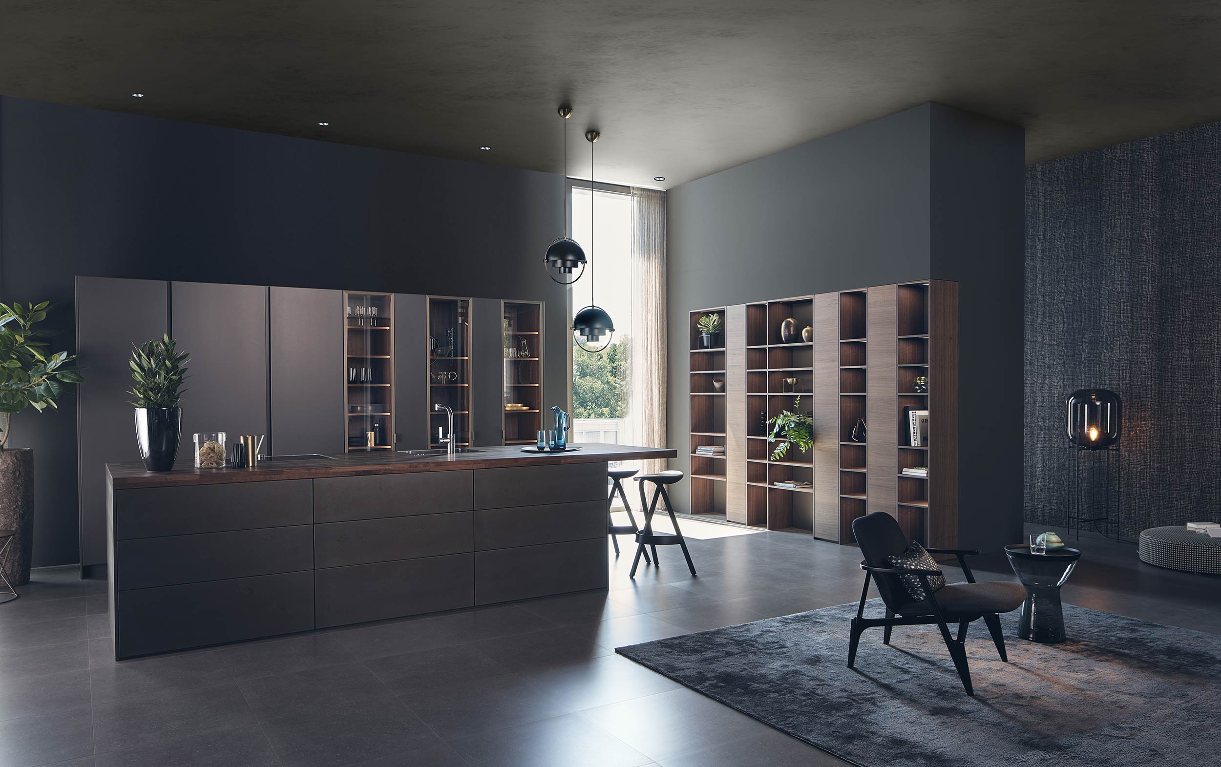 Moderne Küche mit stilvollem Interieur und Beleuchtung