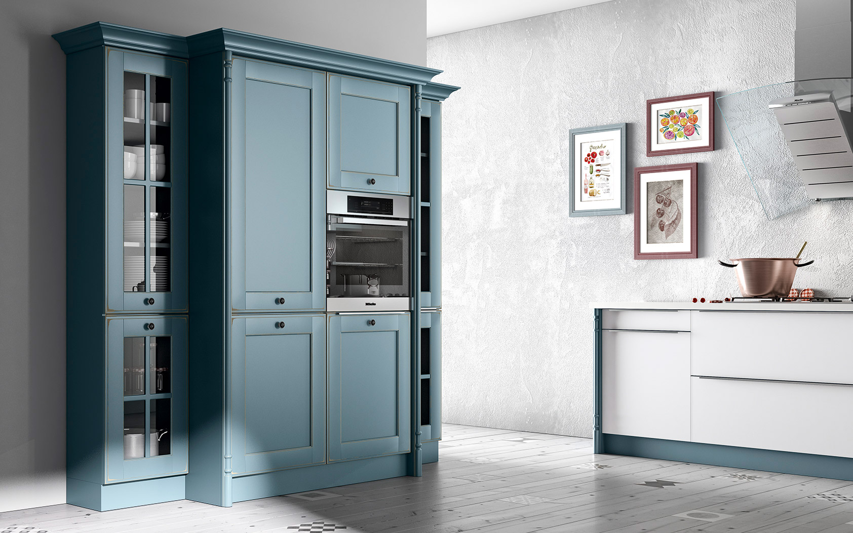 Moderne blaue Küchenschränke mit Einbauofen und Kunstwerken