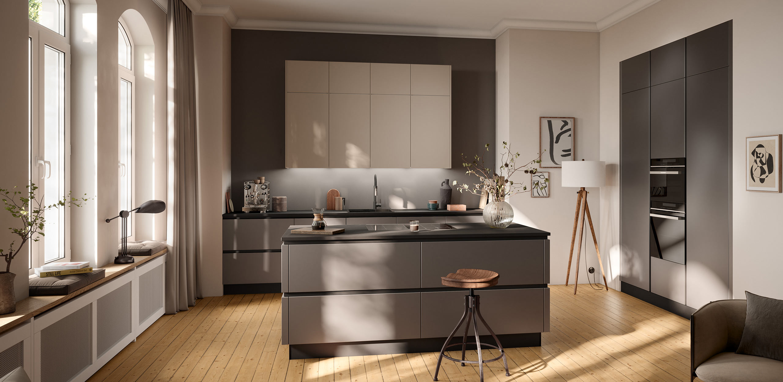 Moderne Küche mit eleganter Einrichtung und Dekor